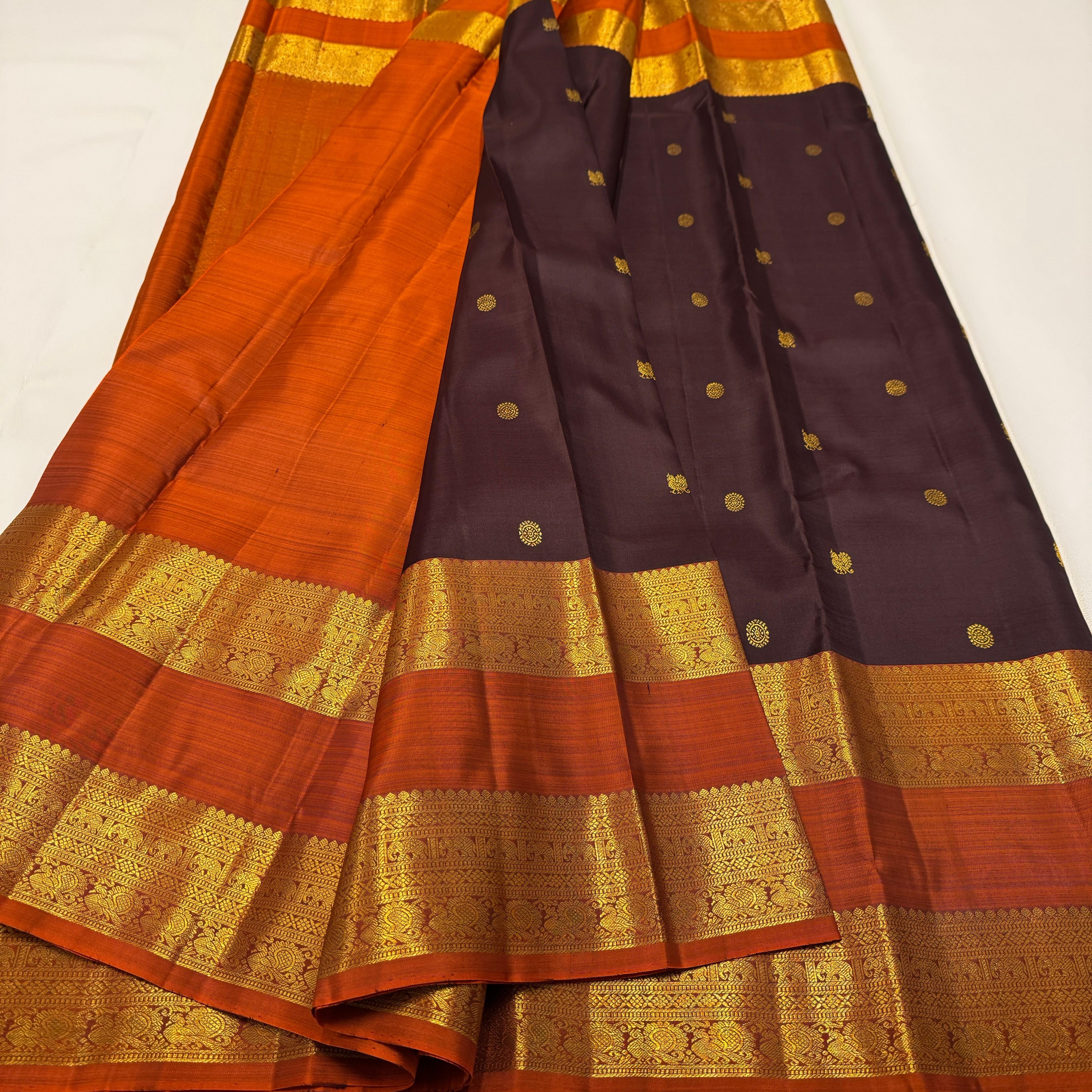 Classic Coffee Brown & Mustard Rettapet Border Elegance Kanchipuram Handloom Silk Saree SS25352