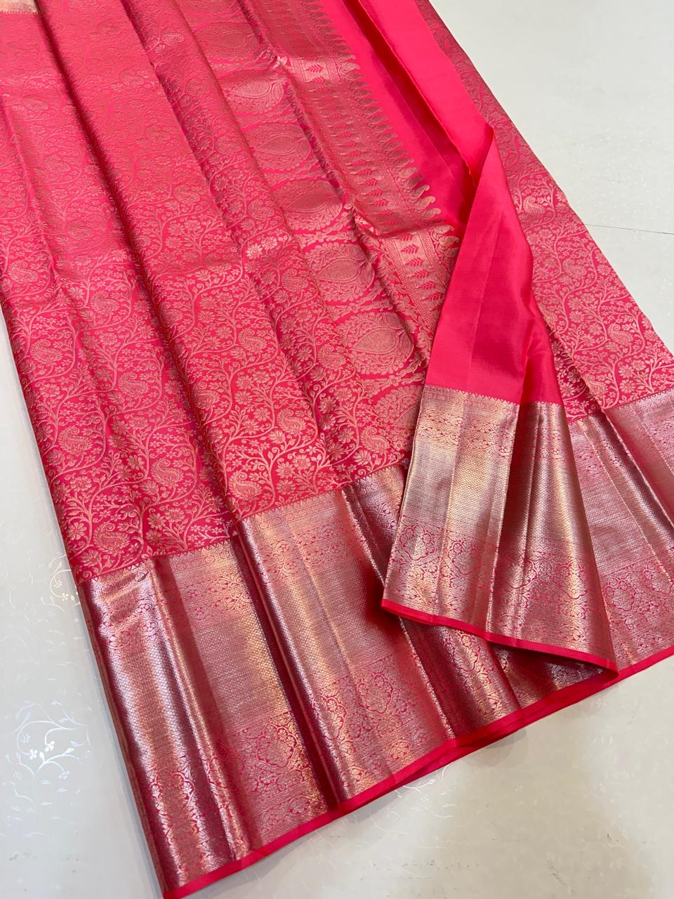 Classic Hot Pink Silver Zari Bridal Elegance Kanchipuram Handloom Silk Saree SS23582