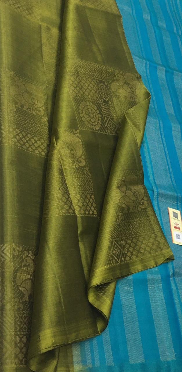 Classic Olive Green & Azure Blue Elegance Handloom Soft Silk Saree SS22341