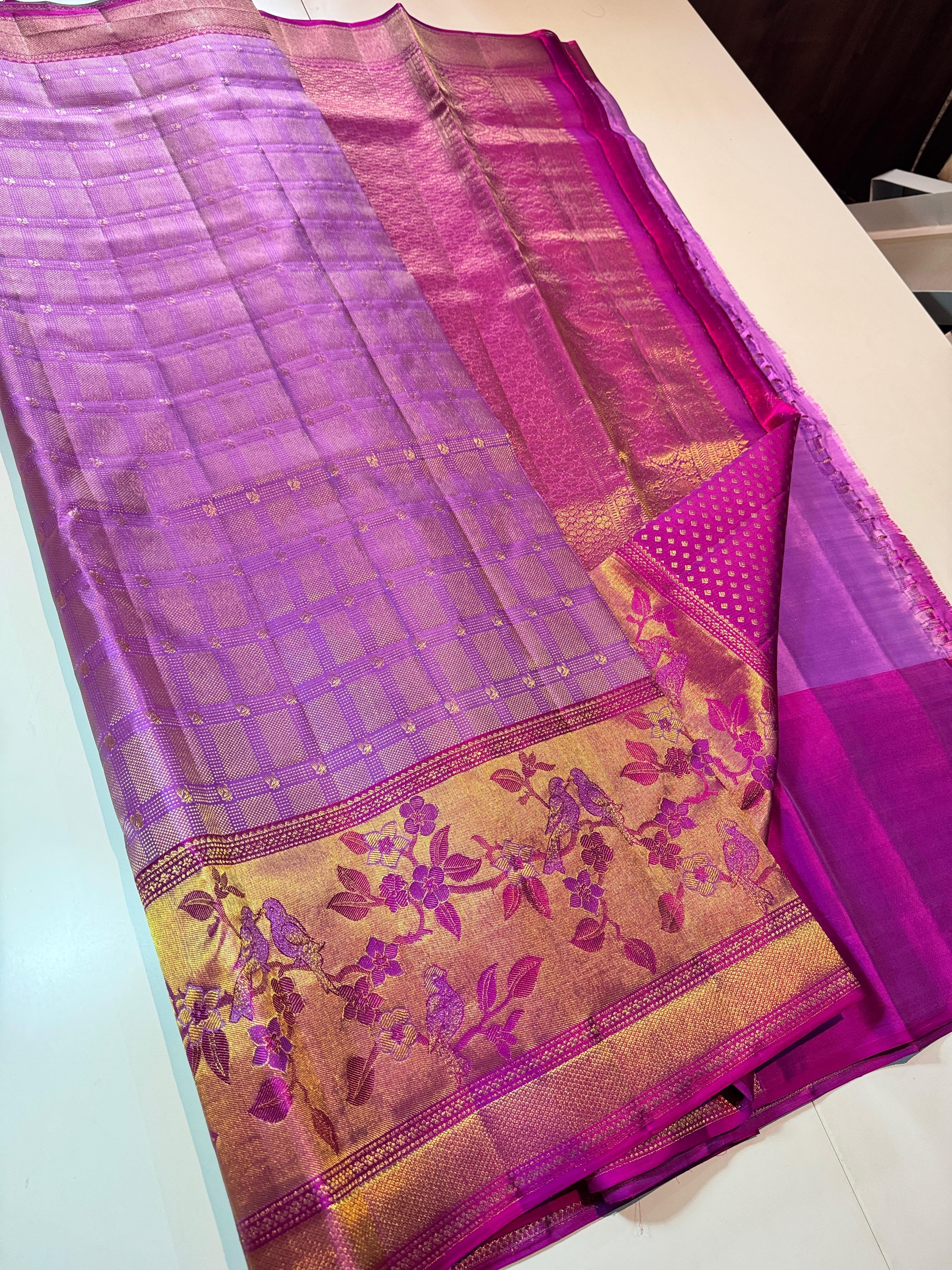 Classic Lavender & Berry Pink 2gm Zari Meenakari Resham Warp Kanchipuram Handloom Silk Saree SS25953
