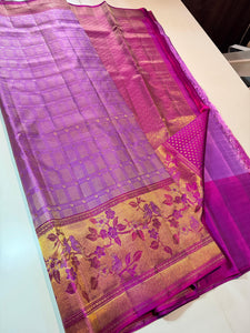 Classic Lavender & Berry Pink 2gm Zari Meenakari Resham Warp Kanchipuram Handloom Silk Saree SS25953