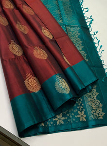 Classic Brown & Aegan Blue Elegance Handloom Soft Silk Saree SS24798