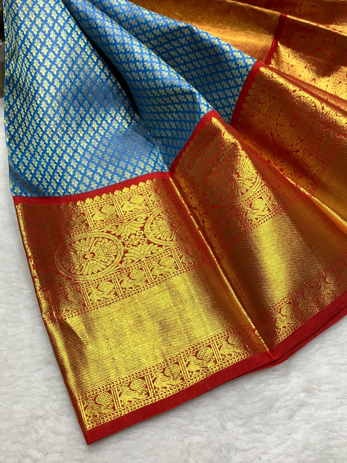 Classic Steel Blue & Brick Red 2gm Zari Bridal Elegance Kanchipuram Handloom Silk Saree SS25835