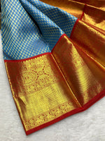 Load image into Gallery viewer, Classic Steel Blue &amp; Brick Red 2gm Zari Bridal Elegance Kanchipuram Handloom Silk Saree SS25835
