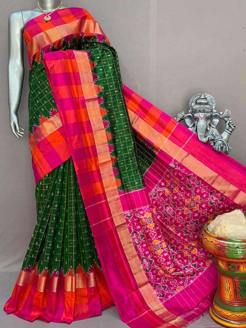 Classic Green & Deep Pink Ikkat Elegance Handloom Soft Silk Saree SS23119