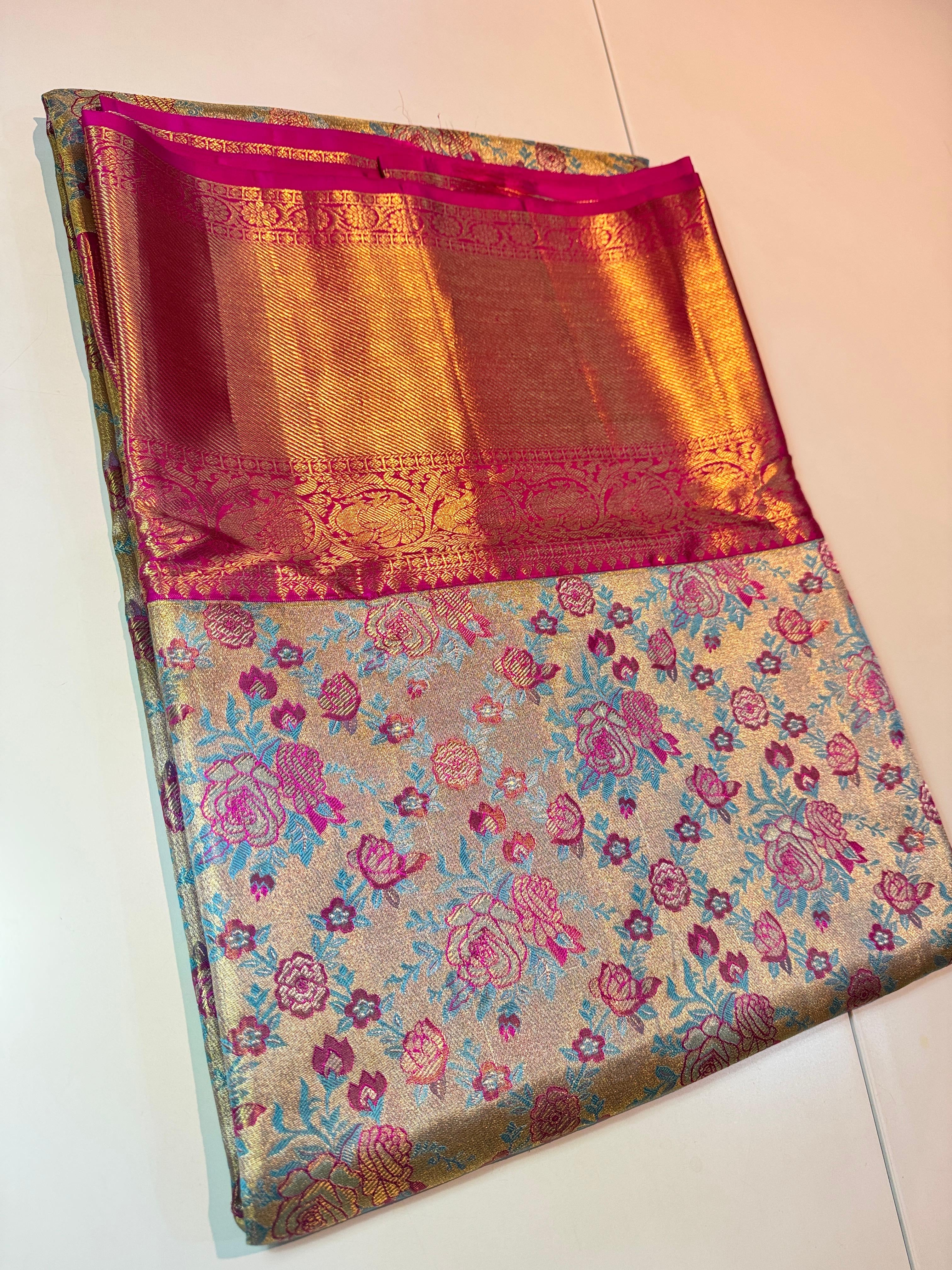 Classic Sky Blue & Pink Elegance Kanchipuram Tissue Handloom Silk Saree SS24508