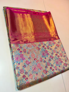 Classic Sky Blue & Pink Elegance Kanchipuram Tissue Handloom Silk Saree SS24508