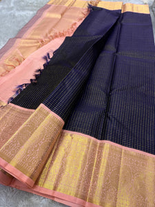 Classic Navy Blue & Peach Kanchipuram Handloom Silk Saree SS26030