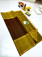 Load image into Gallery viewer, Classic Coffee Brown &amp; Mustard Gold Elegance Kanchipuram Handloom Silk Saree SS23746
