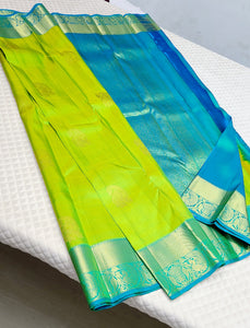 Classic Spring Green & Azure Blue Kanchipuram Handloom Silk Saree SS25887