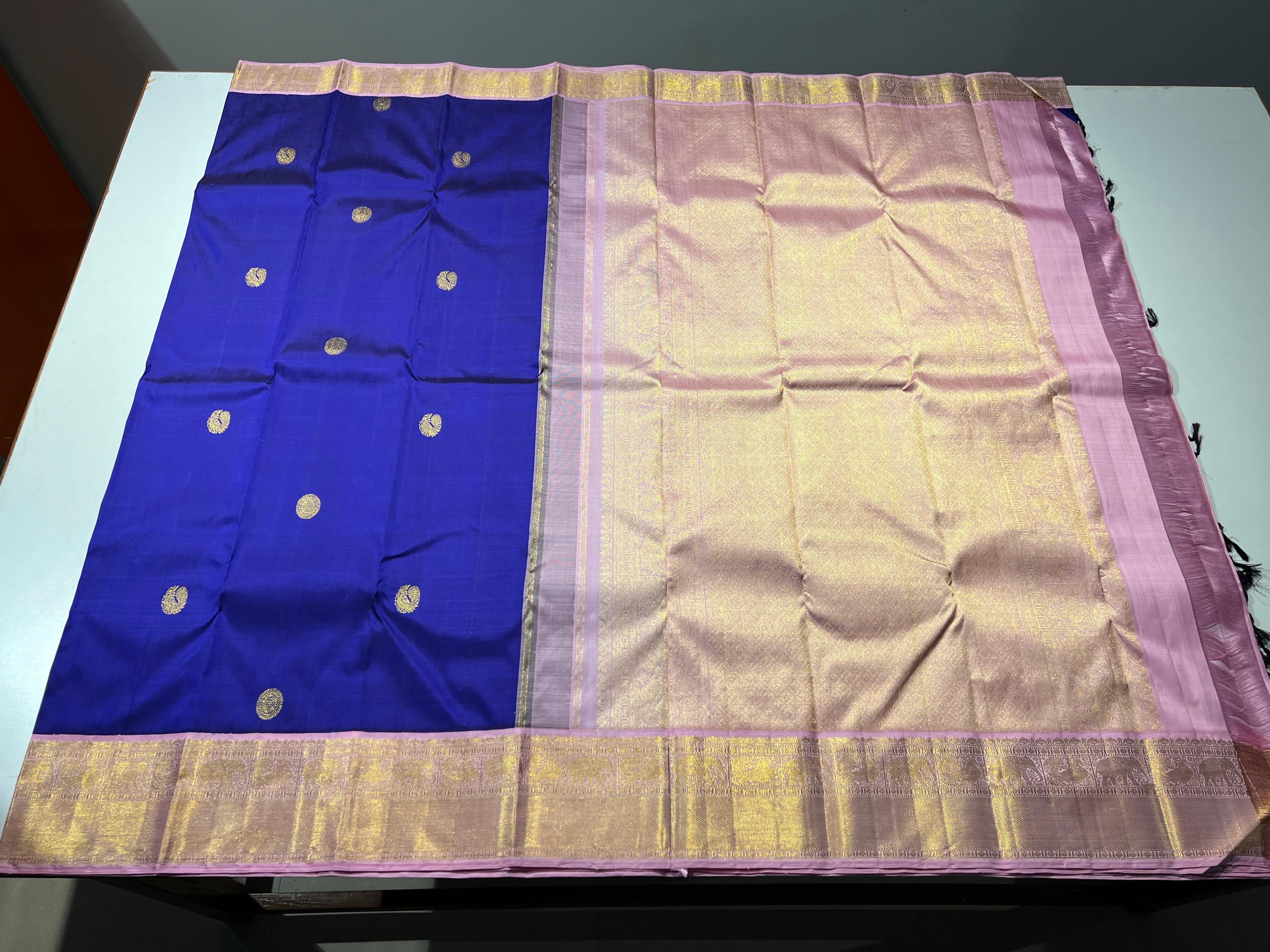 Classic Royal Blue & Baby Pink 2gm Zari Korvai Elegance Kanchipuram Handloom Silk Saree SS24501