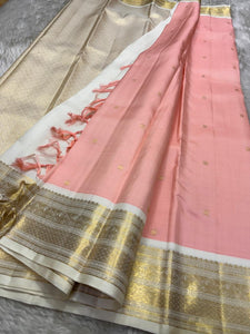 Classic Pastel Peach & White Kanchipuram Handloom Silk Saree SS25960