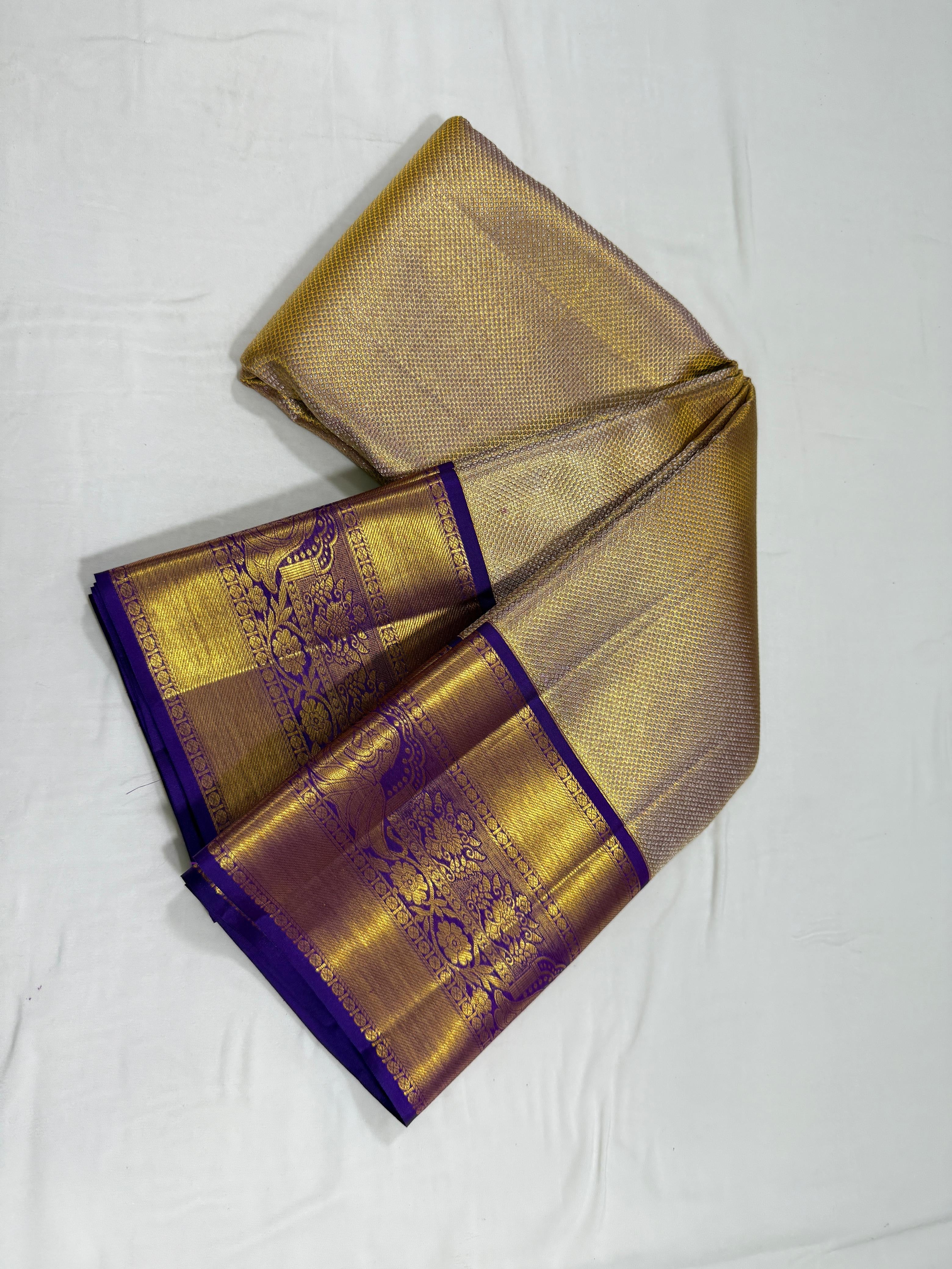 Classic Gold & Navy Blue 2gm Zari Tissue Elegance Kanchipuram Handloom Silk Saree SS24255