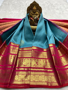 Classic Teal Green & Pink 2gm Zari Bridal Elegance Kanchipuram Handloom Silk Saree SS25274