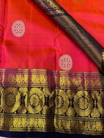 Load image into Gallery viewer, Classic Dual Red &amp; Pink Navy Blue 2gm Zari Peacock &amp; Rudraksha Designed Elegance Kanchipuram Handloom Silk Saree SS25384
