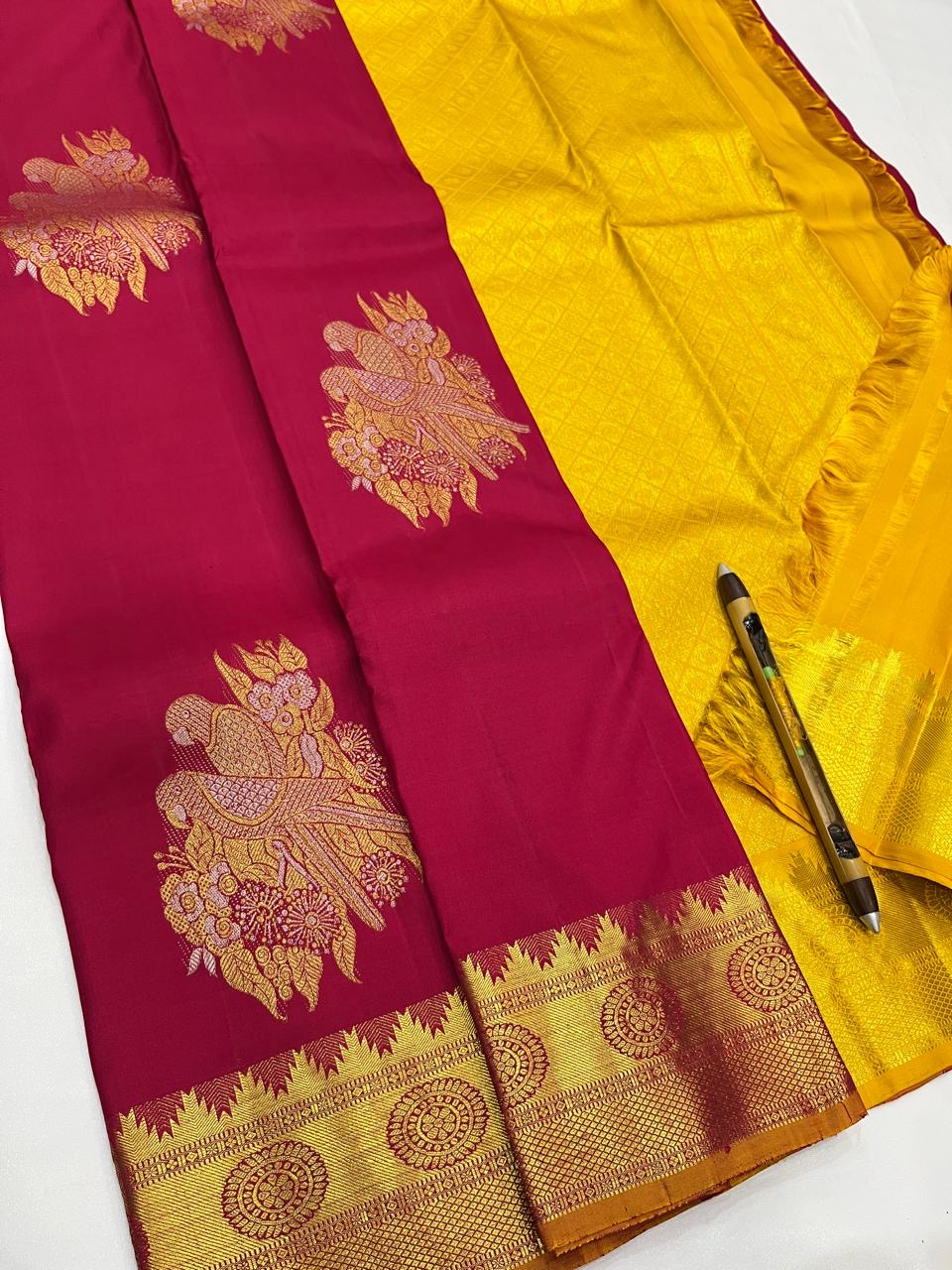 Classic Ruby Pink & Yellow Kanchipuram Handloom Silk Saree SS25967