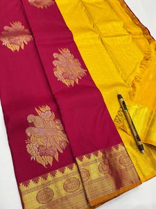 Classic Ruby Pink & Yellow Kanchipuram Handloom Silk Saree SS25967