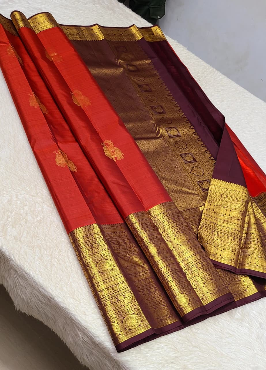 Classic Dark Orange & Coffee Brown 1gm Zari Kanchipuram Handloom Silk Saree SS26545