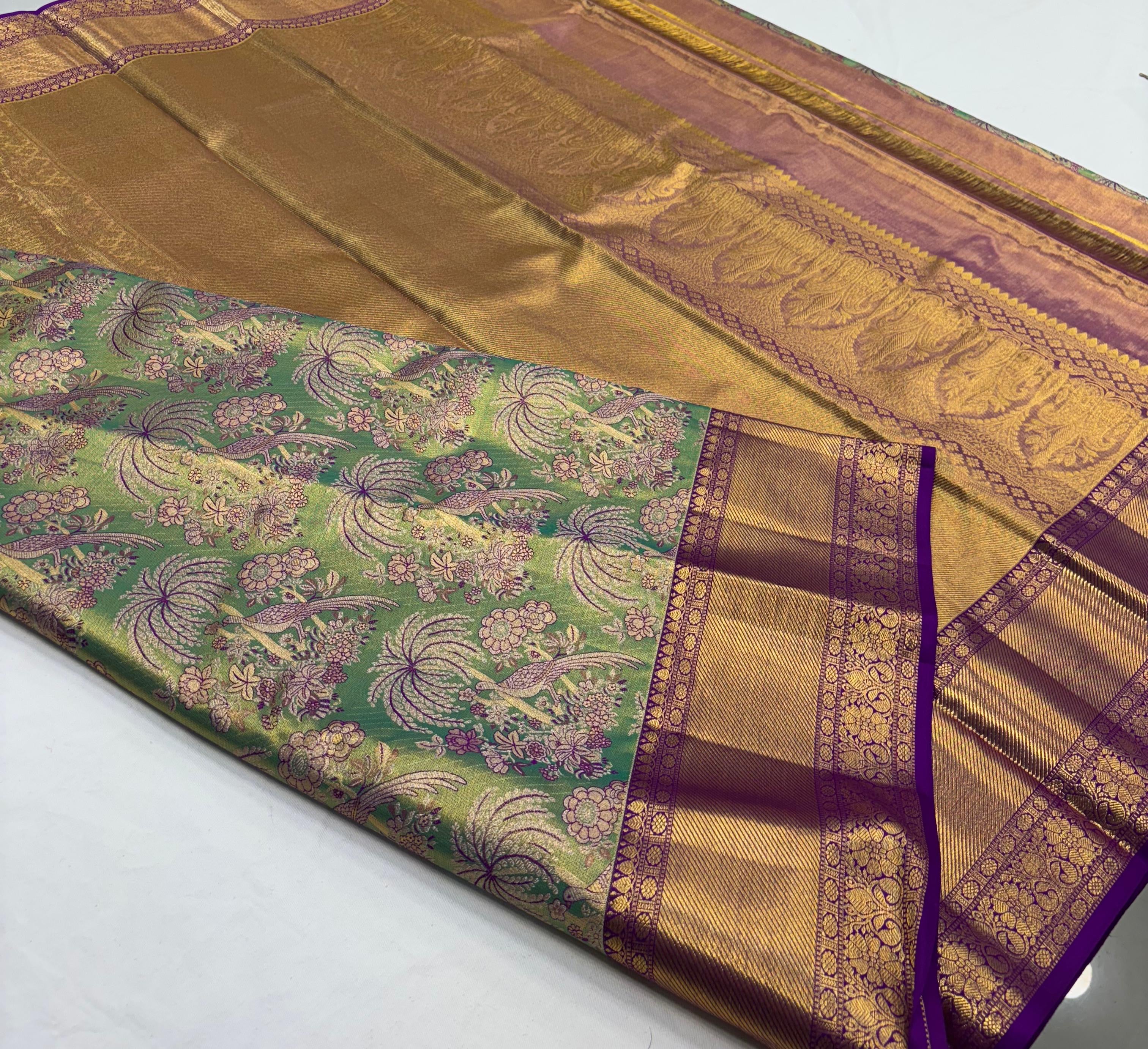 Classic Green & Violet Bridal Elegance Kanchipuram Tissue Handloom Silk Saree SS24180