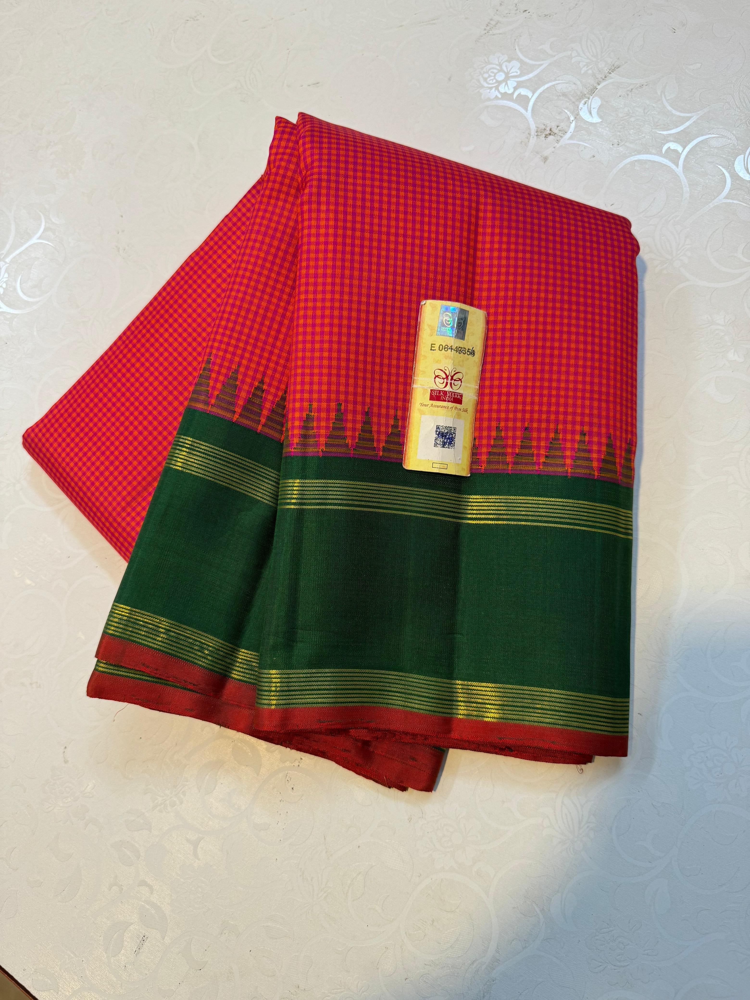 Tomato Red & Dark Green 2gm Zari Elegance Kanchipuram Handloom Silk Saree SS24663