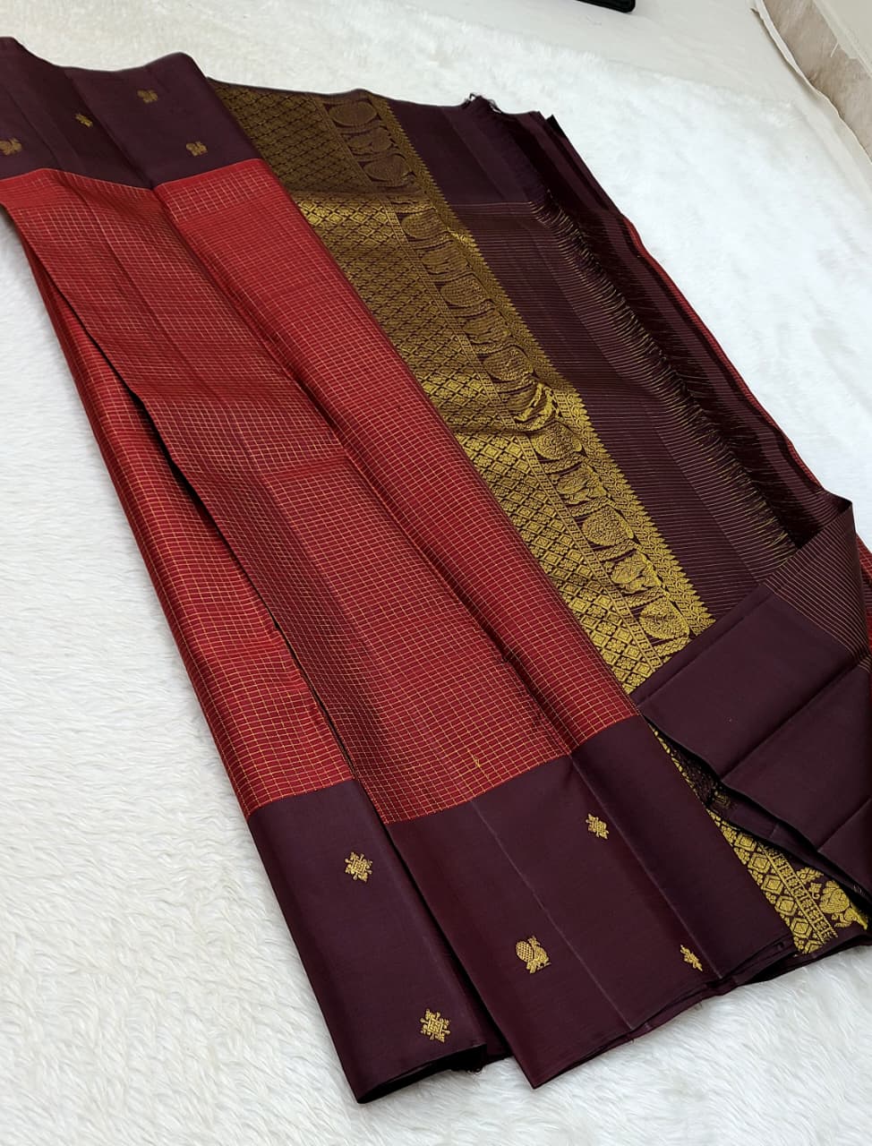 Classic Brick Red & Coffee Brown Kanchipuram Handloom Silk Saree SS26700
