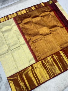 Classic Pearl Beige & Burnt Brown 2gm Zari Bridal Elegance Kanchipuram Handloom Silk Saree SS25832