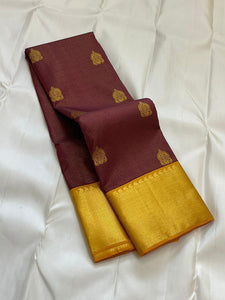 Classic Deep Brown & Golden Yellow 2gm Zari Kanchipuram Handloom Silk Saree SS25623