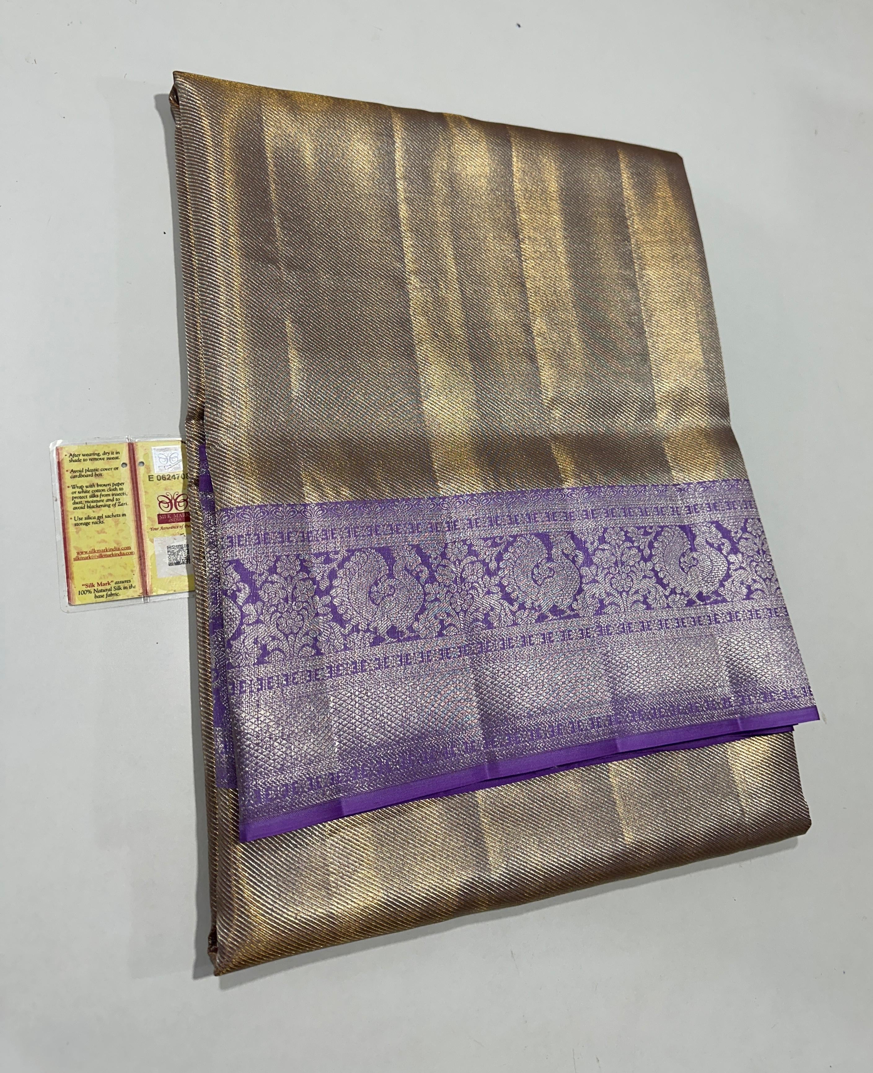 Classic Shimmer Gold & Lavender Bridal Elegance Kanchipuram Tissue Handloom Silk Saree SS25715