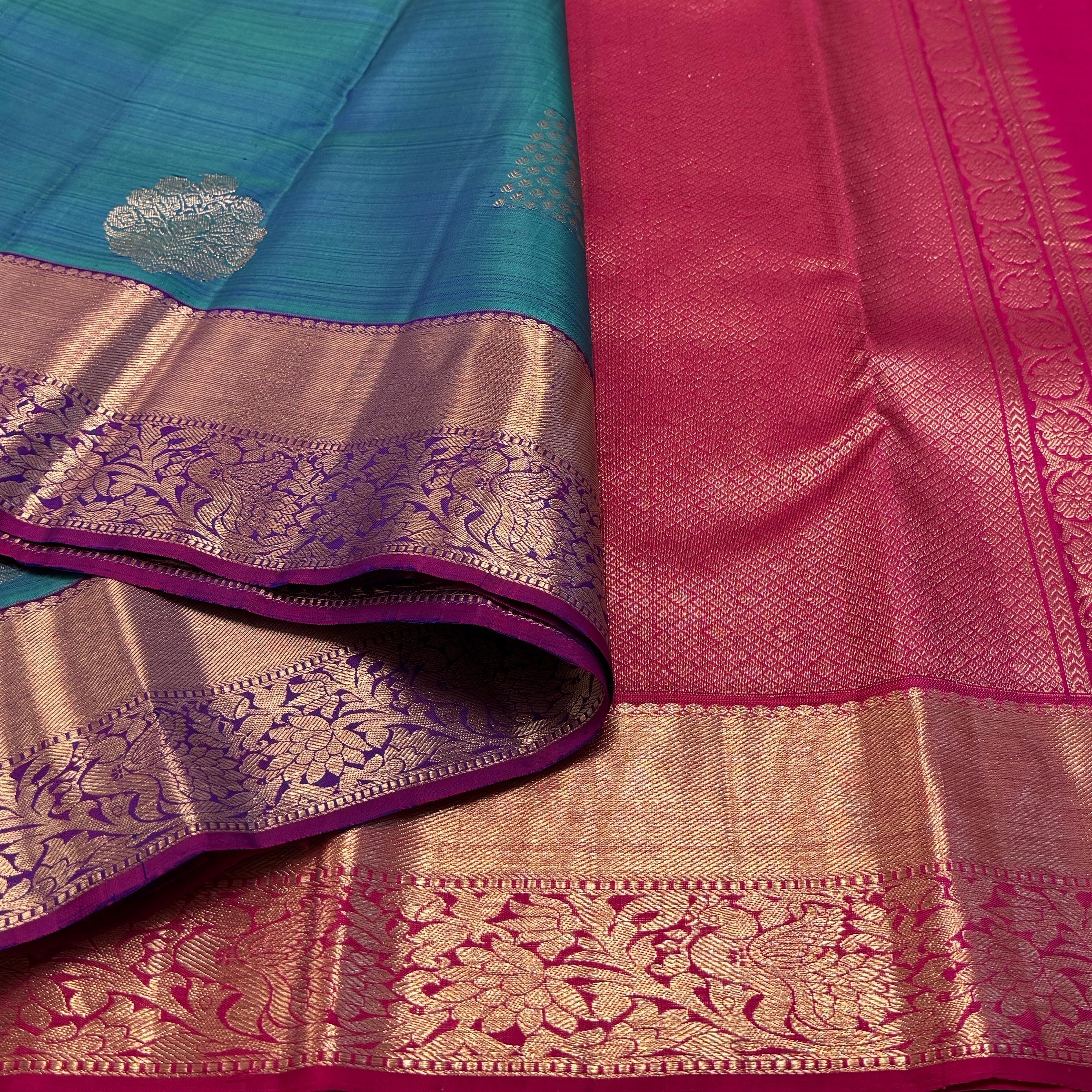 Classic Peacock Blue & Deep Pink Elegance Kanchipuram Handloom Silk Saree SS23592