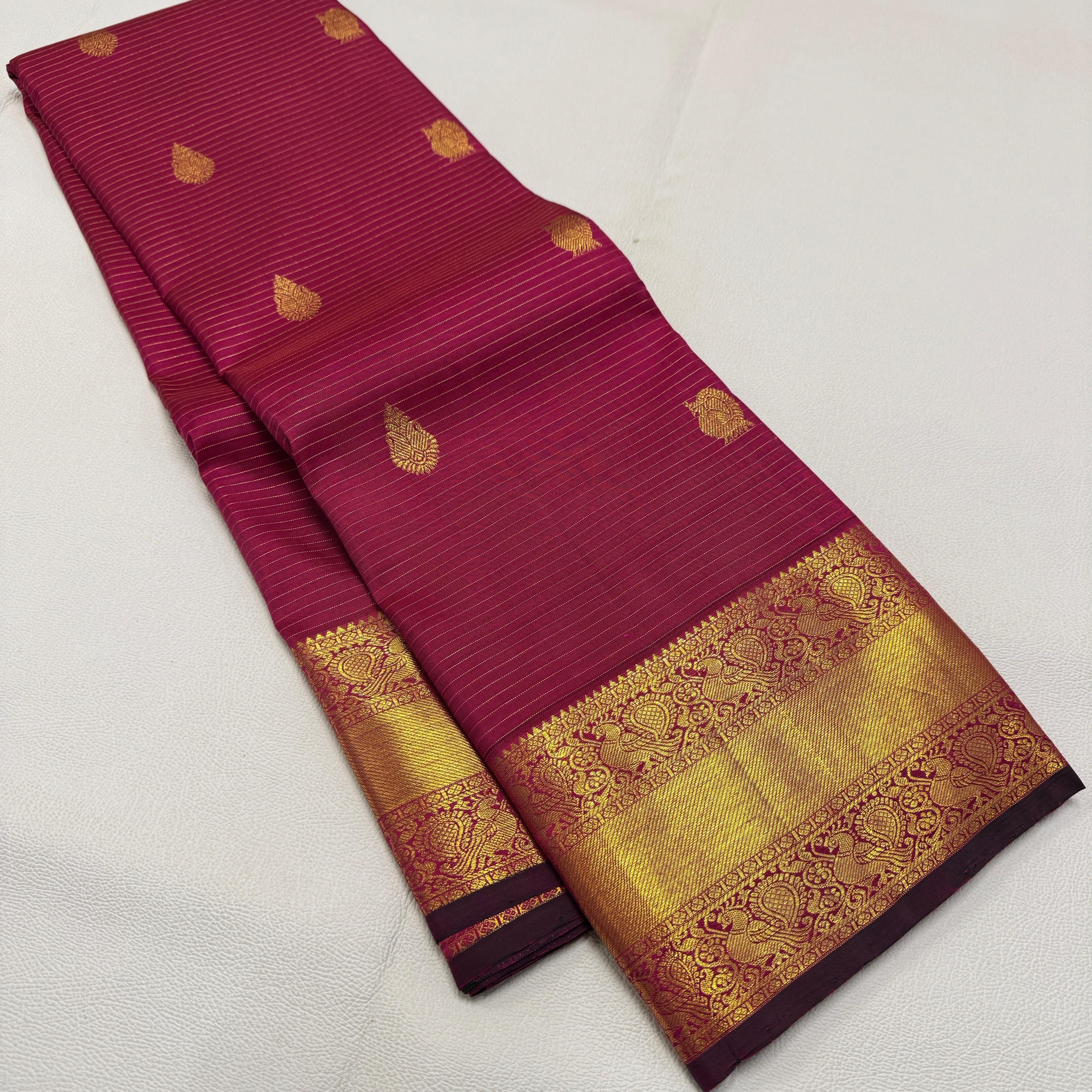 Classic Dark Pink & Green 2gm Zari Vaira Oosi Kattam Kanchipuram Handloom Silk Saree SS26060