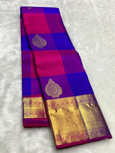 Classic Royal Blue & Purple Pink 2gm Zari Kanchipuram Handloom Silk Saree SS25572