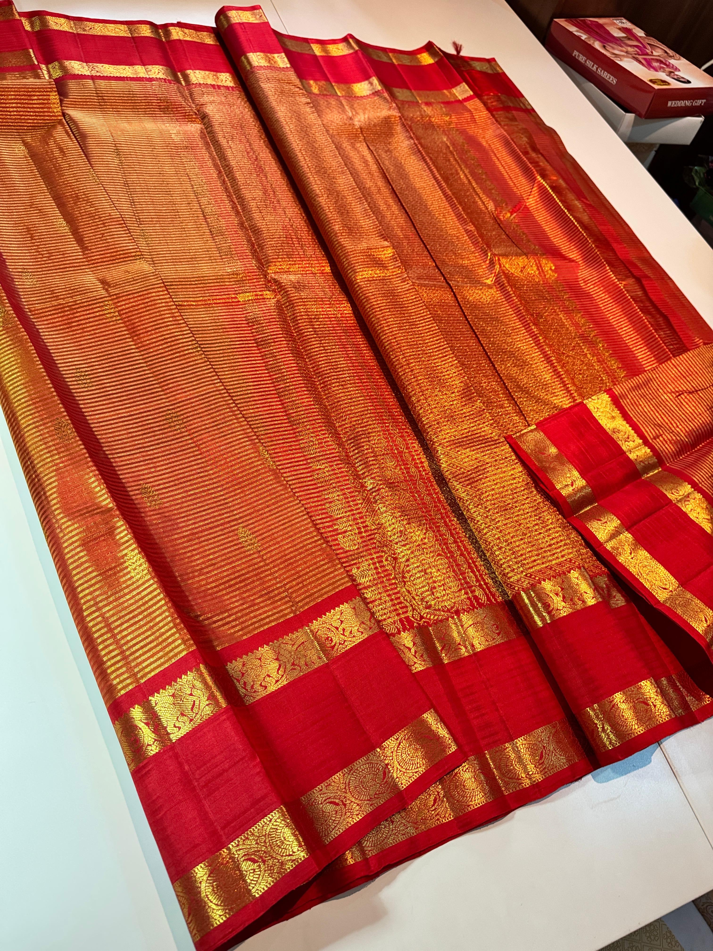 Classic Scarlet Red Orange Elegance Kanchipuram Tissue Handloom Silk Saree SS25376