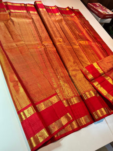 Classic Scarlet Red Orange Elegance Kanchipuram Tissue Handloom Silk Saree SS25376