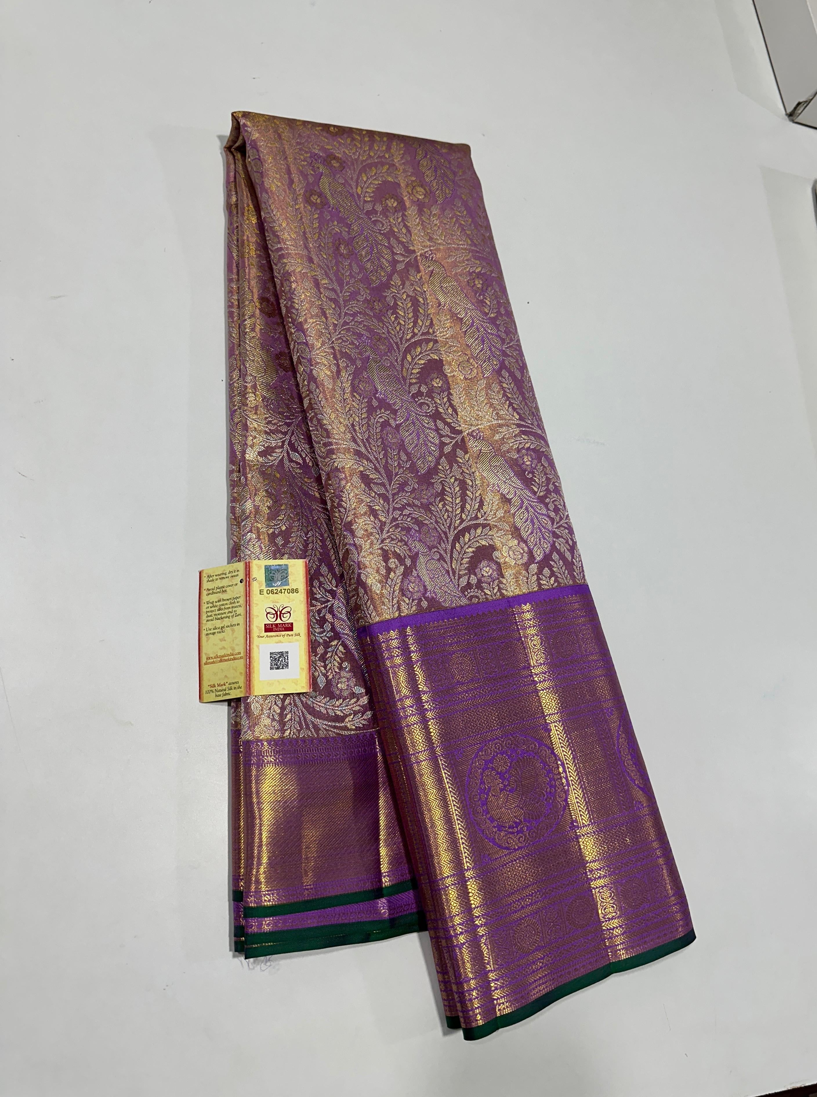 Classic Golden Lavender Bridal Elegance Kanchipuram Handloom Tissue Silk Saree SS23711