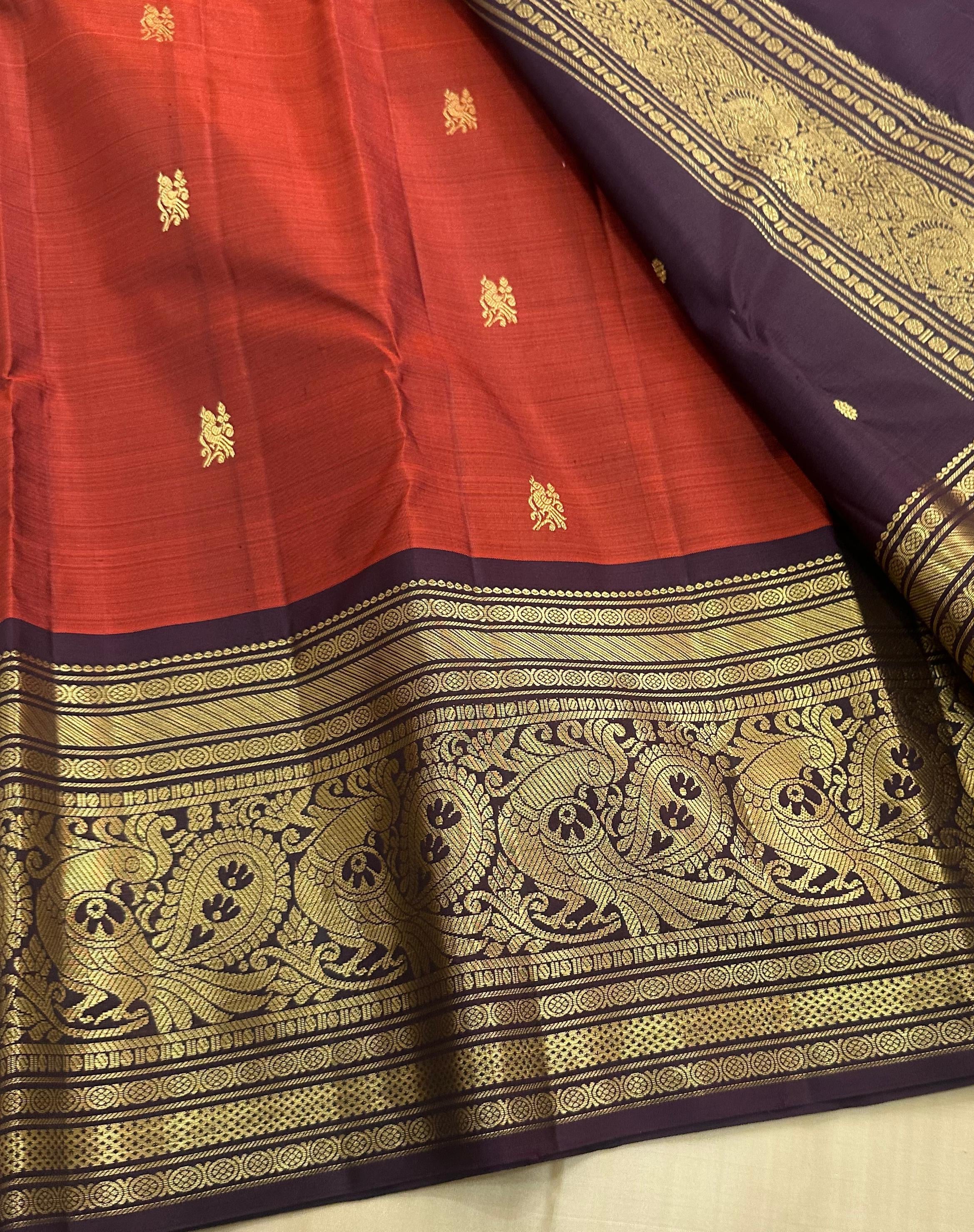 Classic Burnt Orange & Dark Espresso Brown 2gm Zari Kanchipuram Handloom Silk Saree SS26636
