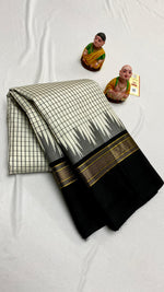 Load image into Gallery viewer, Classic Pearl Cream &amp; Charcoal Black Elegance Kanchipuram Handloom Silk Saree SS24525
