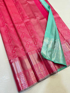 Classic Rose & Pastel Aqua 2gm Zari Bridal Elegance Kanchipuram Handloom Silk Saree SS24364