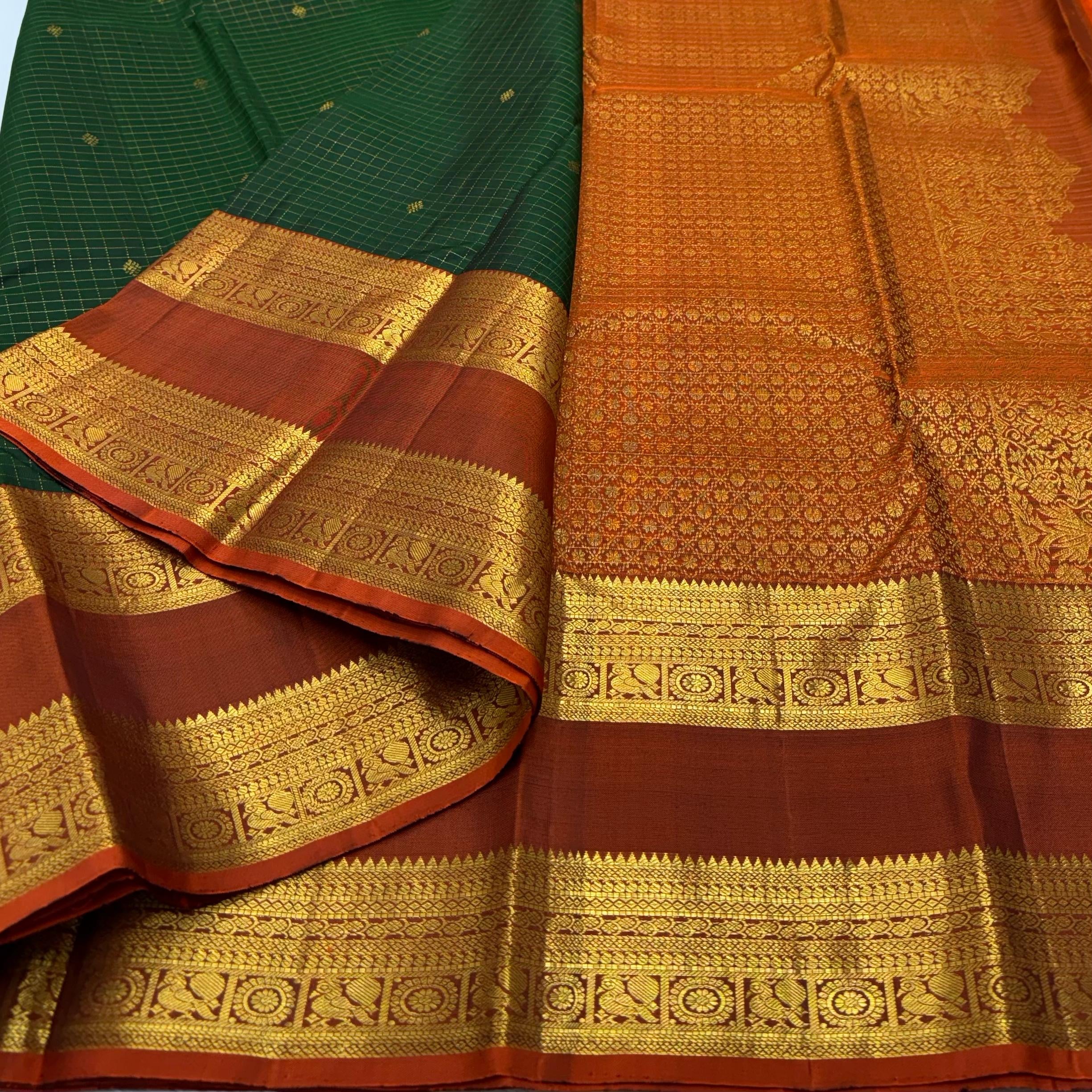 Classic Bottle Green & Mustard 1gm Zari Vaira Oosi Checks Elegance Kanchipuram Handloom Silk Saree SS24736