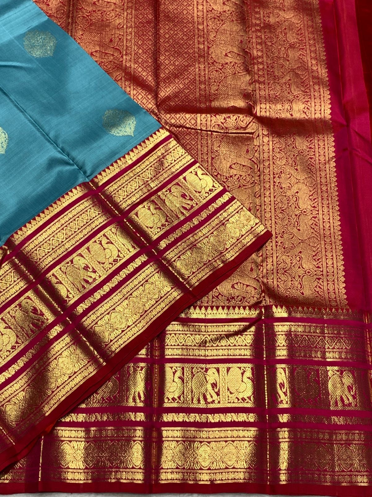 Classic Teal Green & Pink 2gm Zari Bridal Elegance Kanchipuram Handloom Silk Saree SS25274