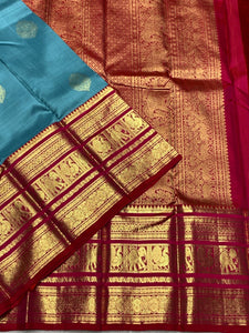 Classic Teal Green & Pink 2gm Zari Bridal Elegance Kanchipuram Handloom Silk Saree SS25274