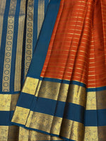 Load image into Gallery viewer, Classic Burnt Orange &amp; Azure Blue 2gm Zari Vaira Oosi Beldari Vintage Elegance Kanchipuram Handloom Silk Saree SS26987
