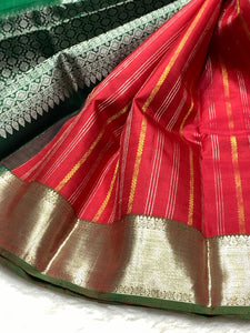 Classic Tomato Red & Emerald Green 2gm Zari Elegance Kanchipuram Handloom Silk Saree SS24615