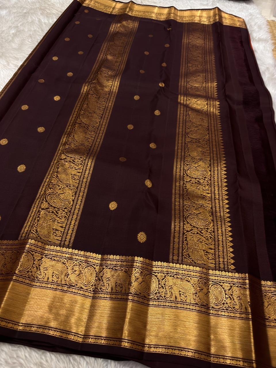 Classic Orange & Mud Chocolate Kanchipuram Handloom Silk Saree SS25958