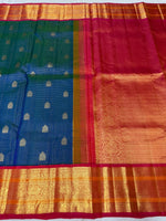 Load image into Gallery viewer, Classic Peacock Blue &amp; Chilly Red 2gm Gold Zari Korvai Checks Bridal  Elegance Kanchipuram Handloom Silk Saree SS28108
