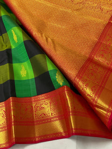 Classic Green Check & Chilli Red 2gm Zari Elegance Kanchipuram Handloom Silk Saree SS24155