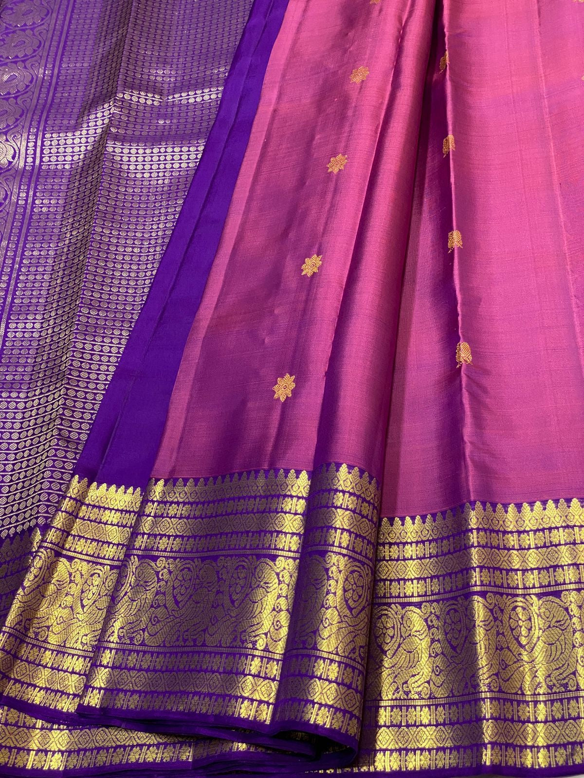 Classic Rhubarb Pink & Violet 2gm Zari Elegance Kanchipuram Handloom Silk Saree SS24696