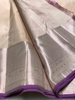 Load image into Gallery viewer, Classic Pearl Beige &amp; Purple 2gm Zari Bridal Elegance Kanchipuram Handloom Silk Saree SS25430
