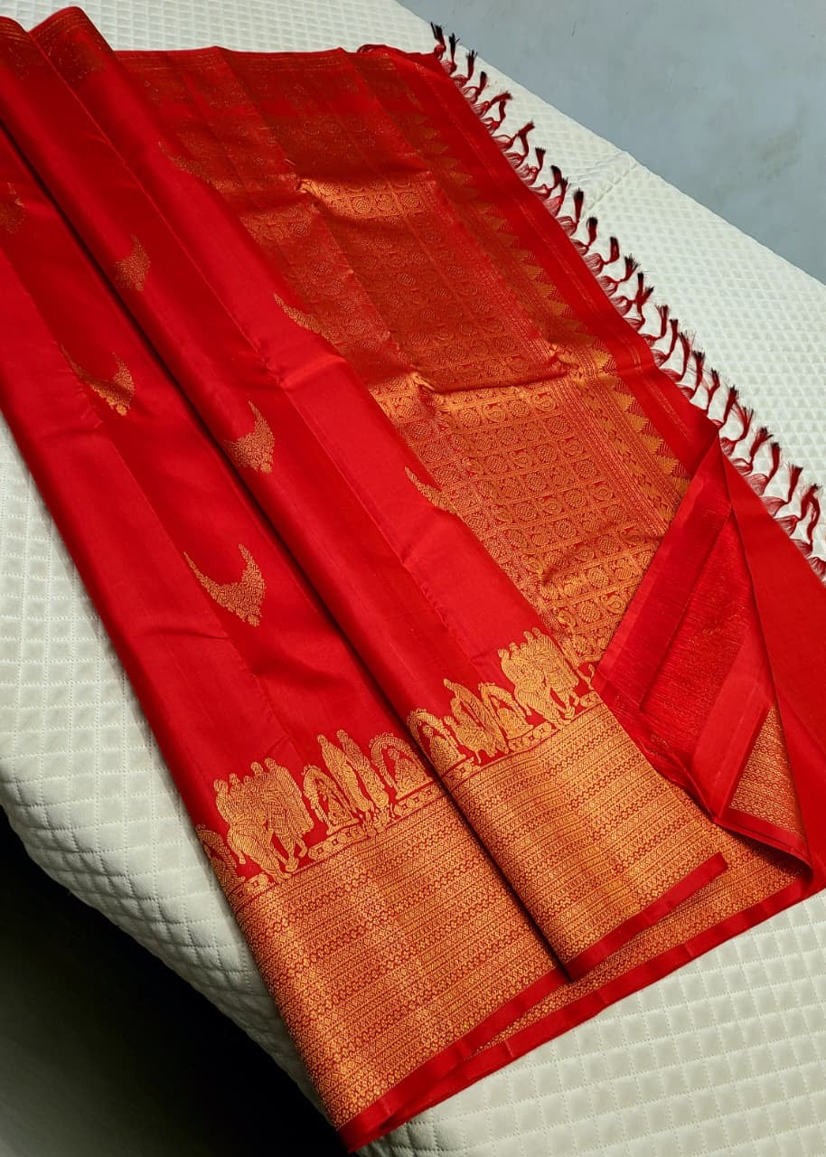 Classic Chilly Red 2gm Zari Kanchipuram Handloom Silk Saree SS26289