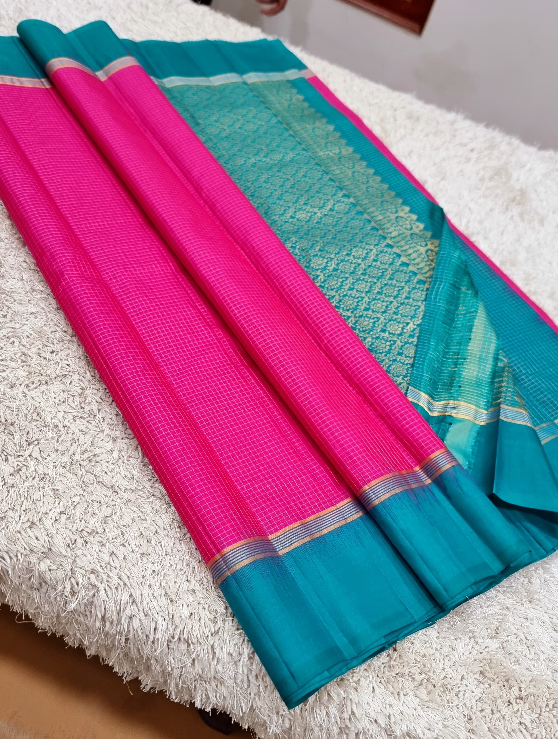Classic Fuchsia Pink & Teal Blue Kanchipuram Handloom Silk Saree SS25556