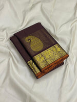 Load image into Gallery viewer, Classic Dark Chocolate 1gm Zari Vintage Checks Elegance Kanchipuram Handloom Silk Saree SS26982
